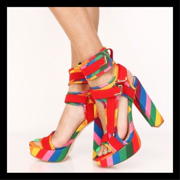🌈Host Pick Rainbow Lycra Chunky Platform Heels - Picture 3 of 4